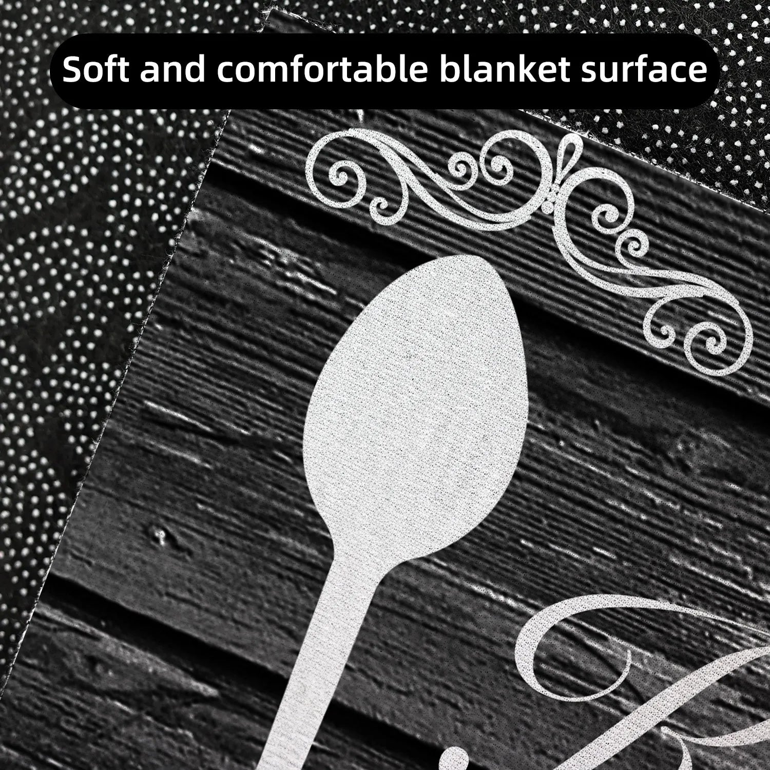 Silhouette of a spoon on a textured black surface with decorative elements.