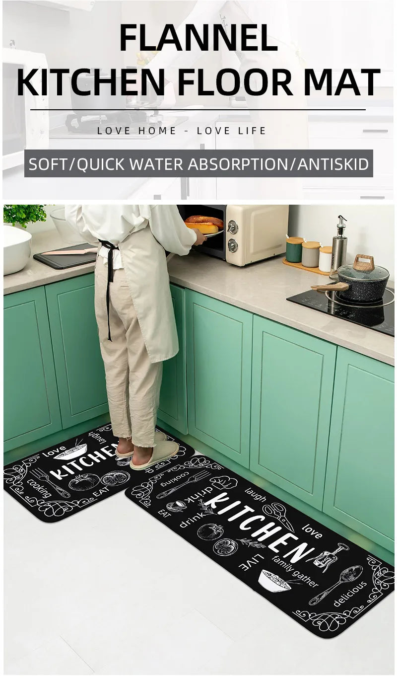 Flannel kitchen floor mat with text in a kitchen setting
