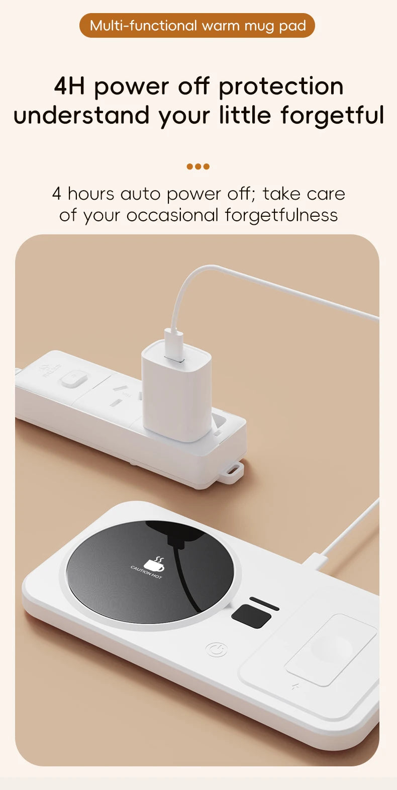 White mug warmer with power adapter on a beige background, featuring text about power off protection.