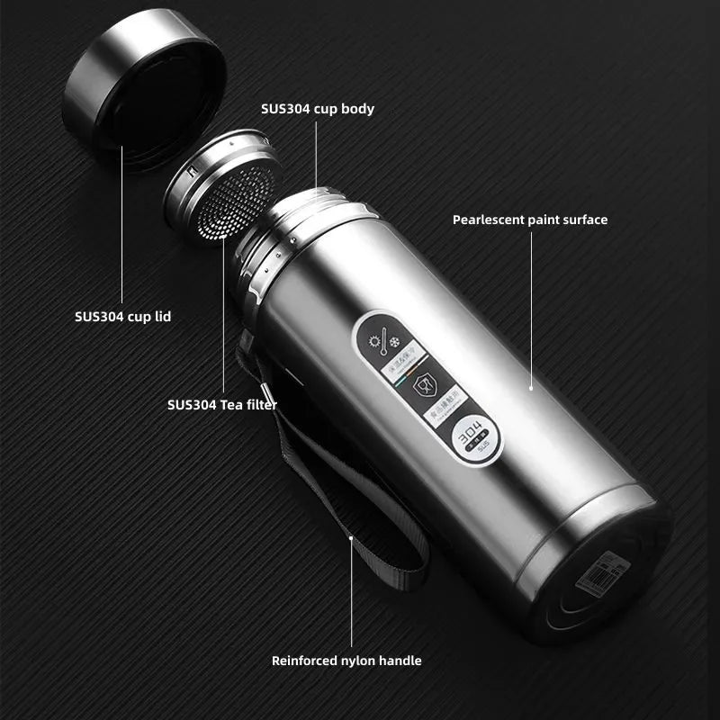 Stainless steel tea infuser with labeled parts on a black background