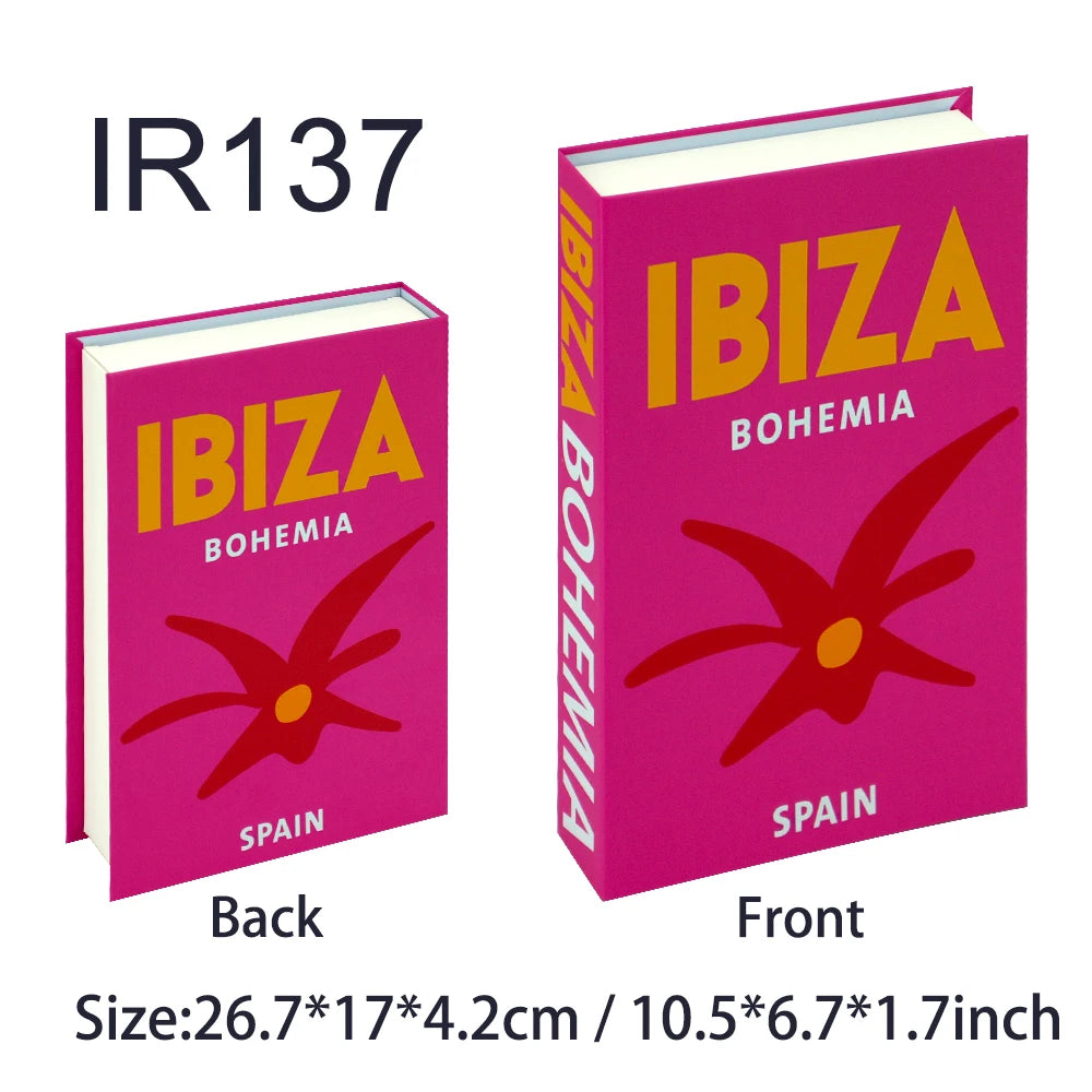 Pink book with 'Ibiza Bohemia' text and red flower design on a white background