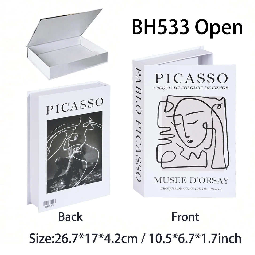 Two views of a book titled 'PICASSO' with interior design images on a white background.