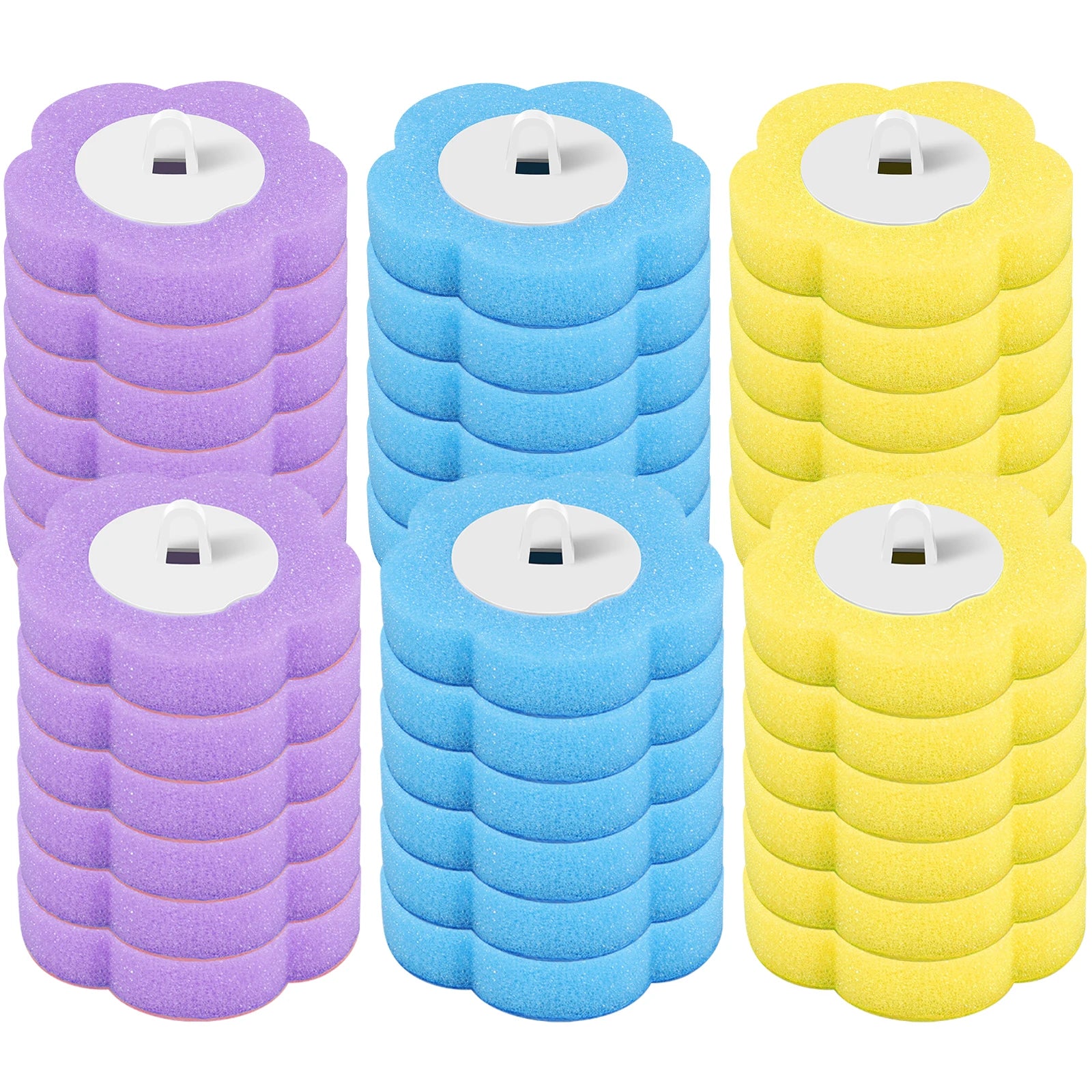 Stacks of purple, blue, and yellow foam rollers on a white background