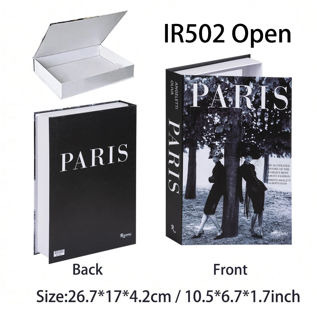 Book with 'PARIS' cover and open box on a white background
