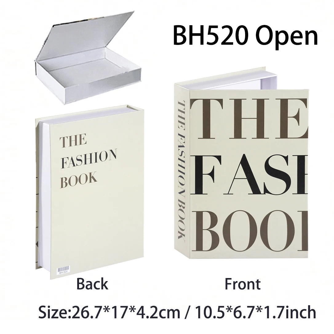 Book-shaped product packaging with 'The Fashion Book' text, open and closed views, on a white background.