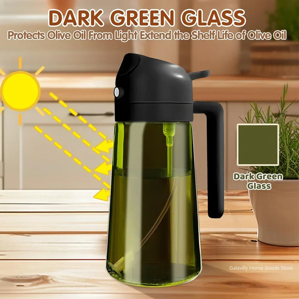 Dark green glass olive oil container with black lid on a wooden surface, showing how dark green glass protects olive oil from light.