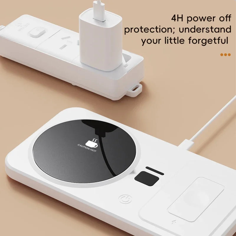 White electric hot plate with power adapter on a beige background