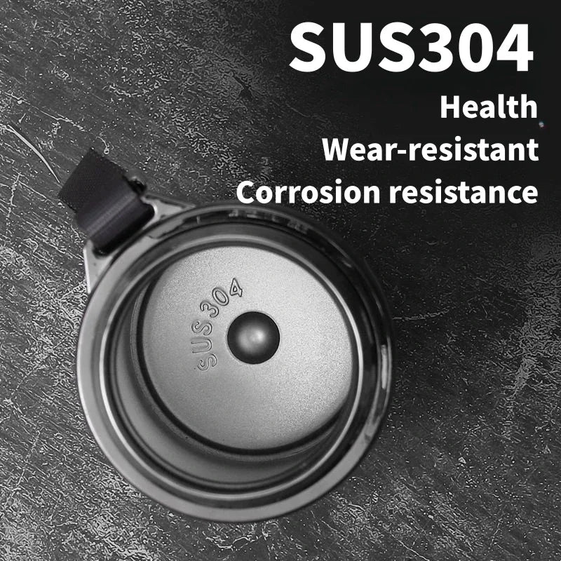Metallic component with 'SUS 304' marking on a textured black background, highlighting health, wear-resistance, and corrosion resistance.