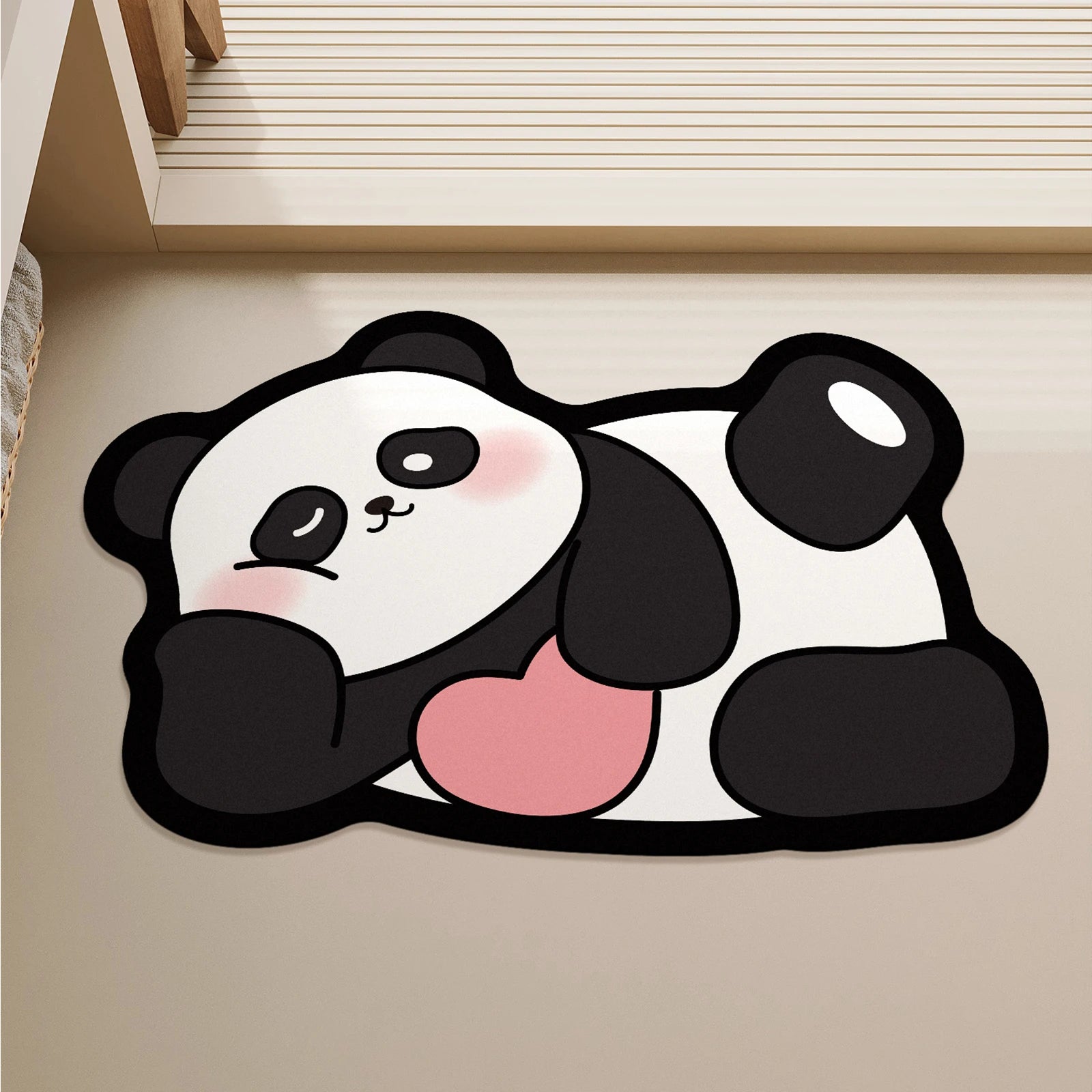 Cute panda-shaped rug on a beige floor