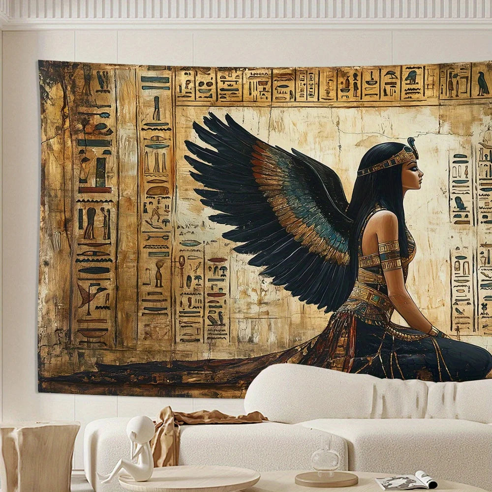 Decorative tapestry with an Egyptian-themed design featuring a winged figure and hieroglyphics on a wall.