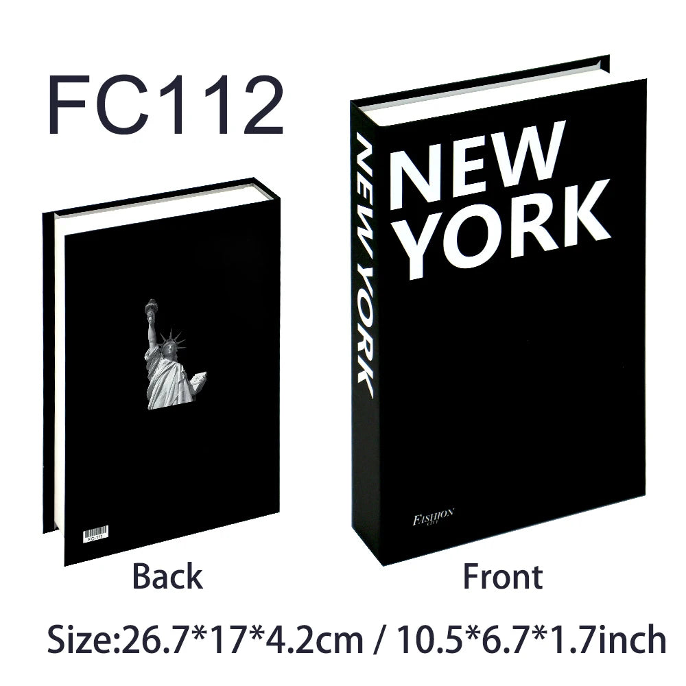 Black book with 'New York' text and a photo of the Statue of Liberty, showing front and back views.