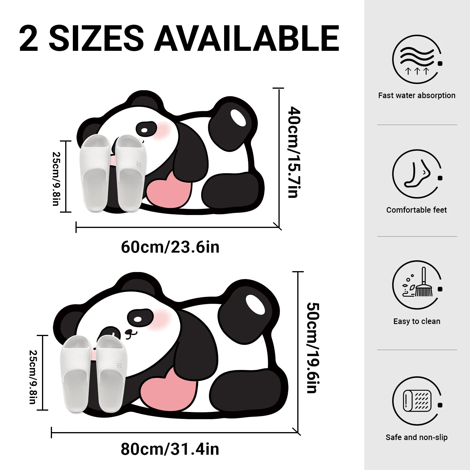 Panda-themed product with size chart and features on a white background