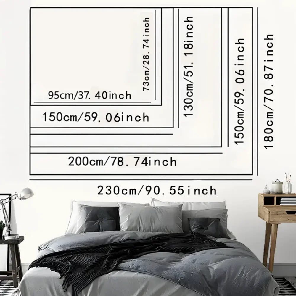Bedding set with dimensions displayed on a white wall