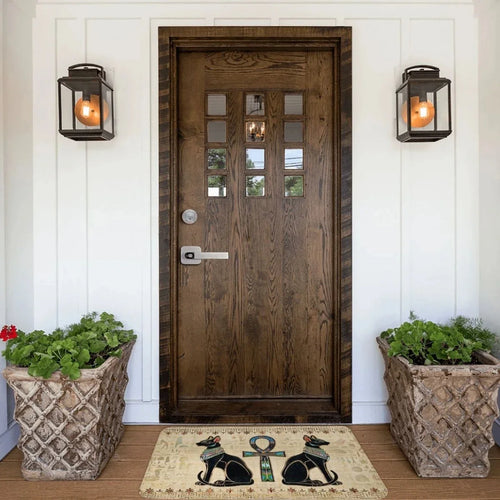 Wooden front door with decorative Ancient Egyptian cat carpet doormat and planters on a porch.