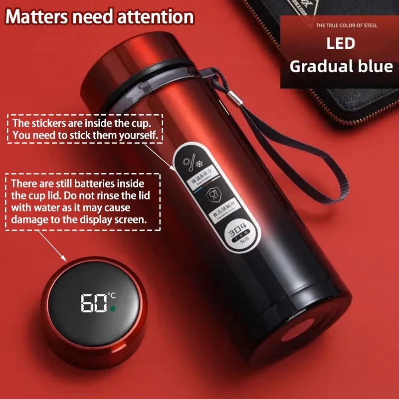 Red thermos with digital display on a red background