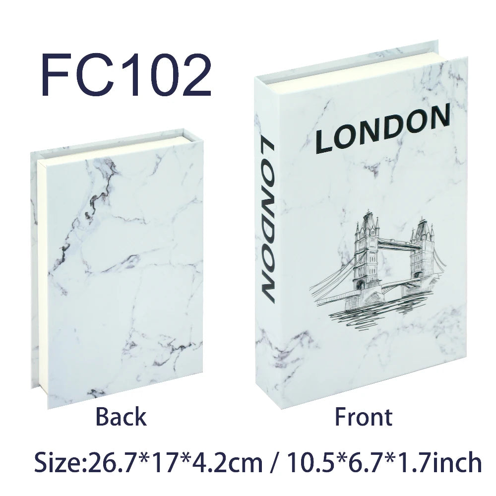 Marble-patterned notebook with 'LONDON' and Tower Bridge design, showing front and back views.