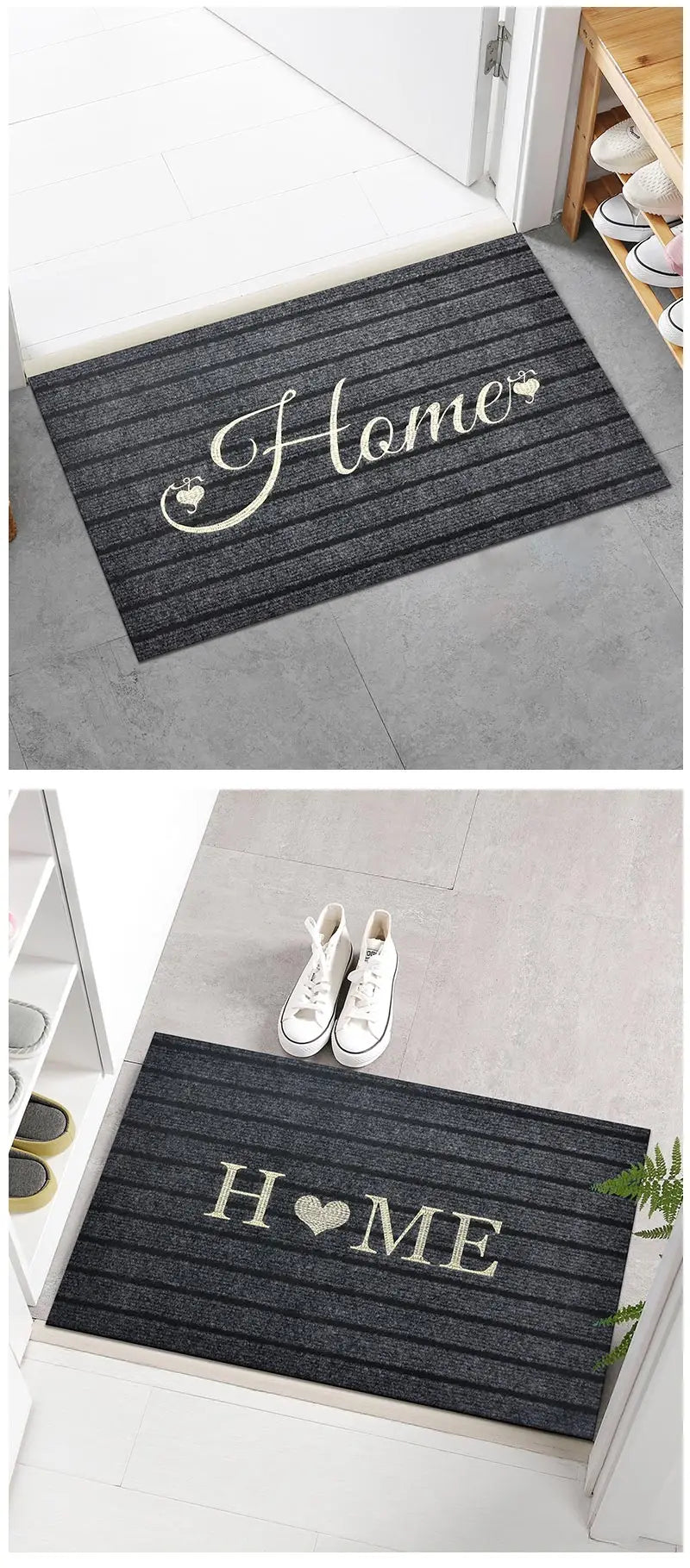 Gray doormat with 'Home' text on a white surface