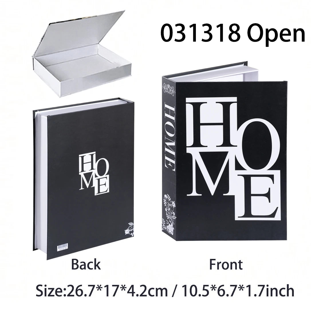 Black book with 'HOME' design on cover, open to reveal white interior, with dimensions provided.
