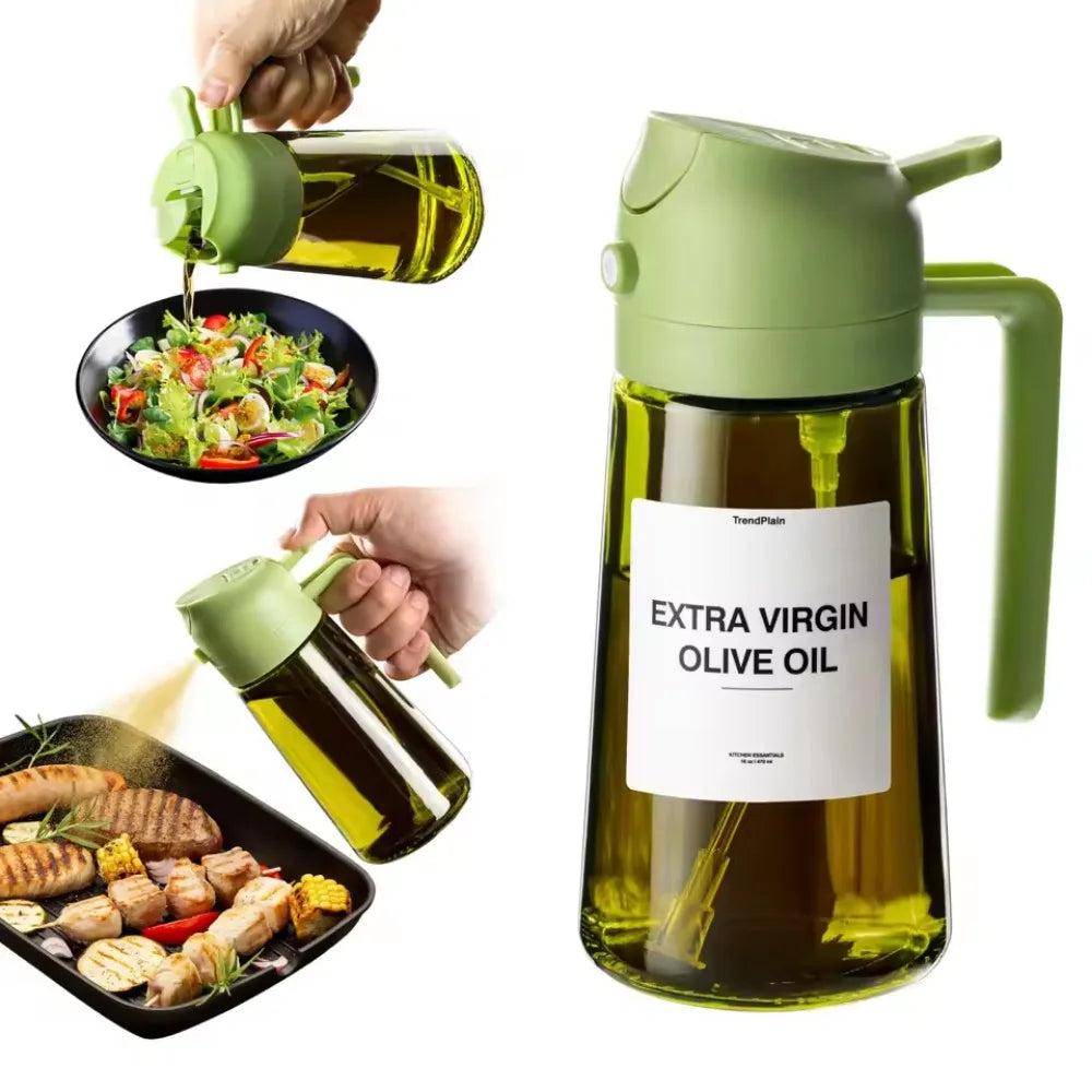 Green olive oil dispenser being used to pour olive oil over a salad and roasted vegetables.