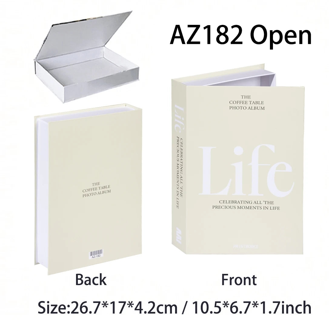 Beige photo album with 'The Coffee Table Photo Album' text, open and closed, on a white background.