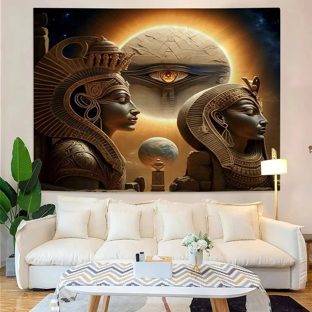 Decorative wall art with Egyptian-themed design in a living room.
