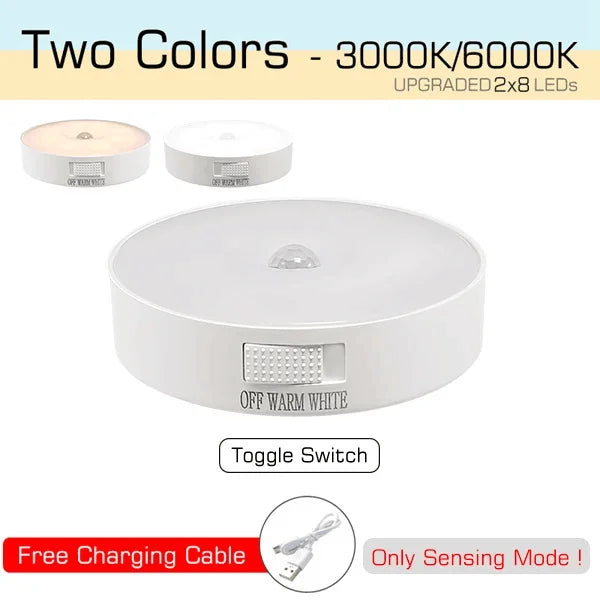Round LED light fixture with color temperature options and charging cable on a white background
