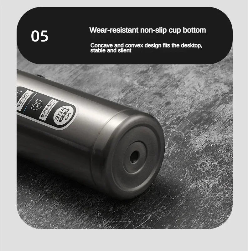 Metallic cylindrical object on a textured surface with text about wear-resistant non-slip cup bottom.