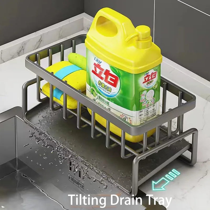 Gray dish rack with a container of dish soap and scrubber on a kitchen counter.