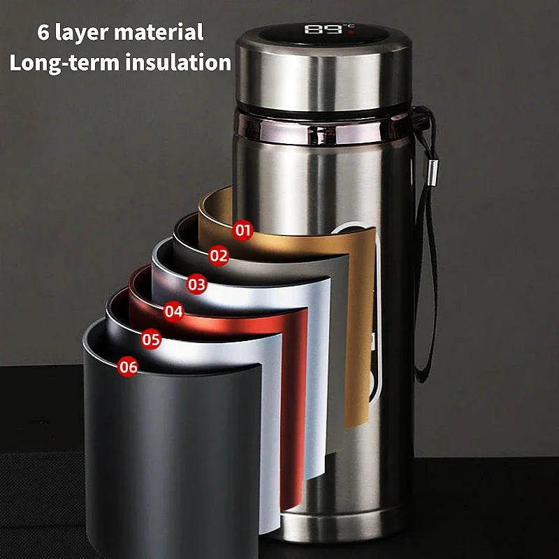 Stack of insulated travel mugs with temperature display on a dark background