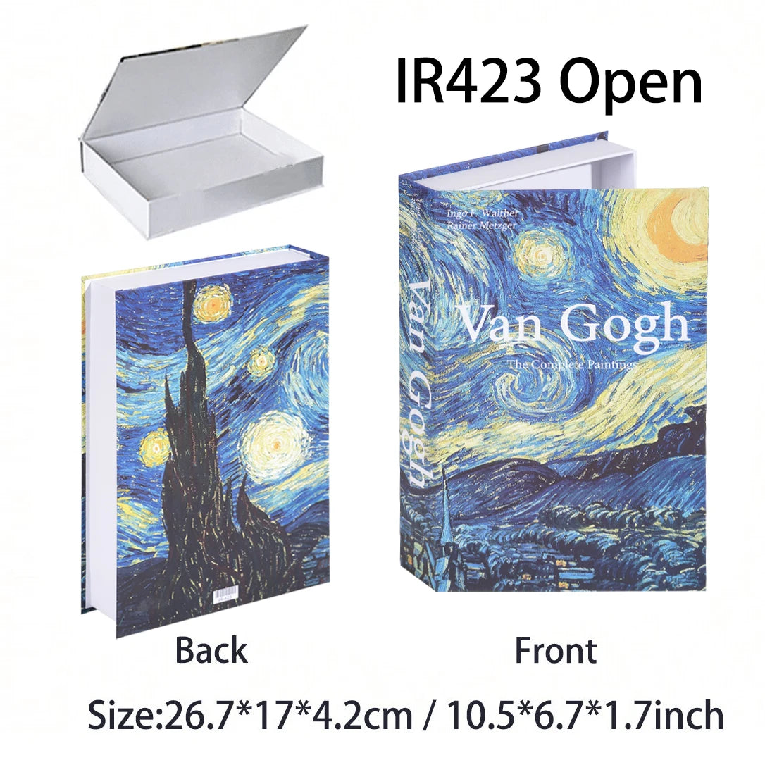 Van Gogh-themed notebook with open cover showing design details on a white background.