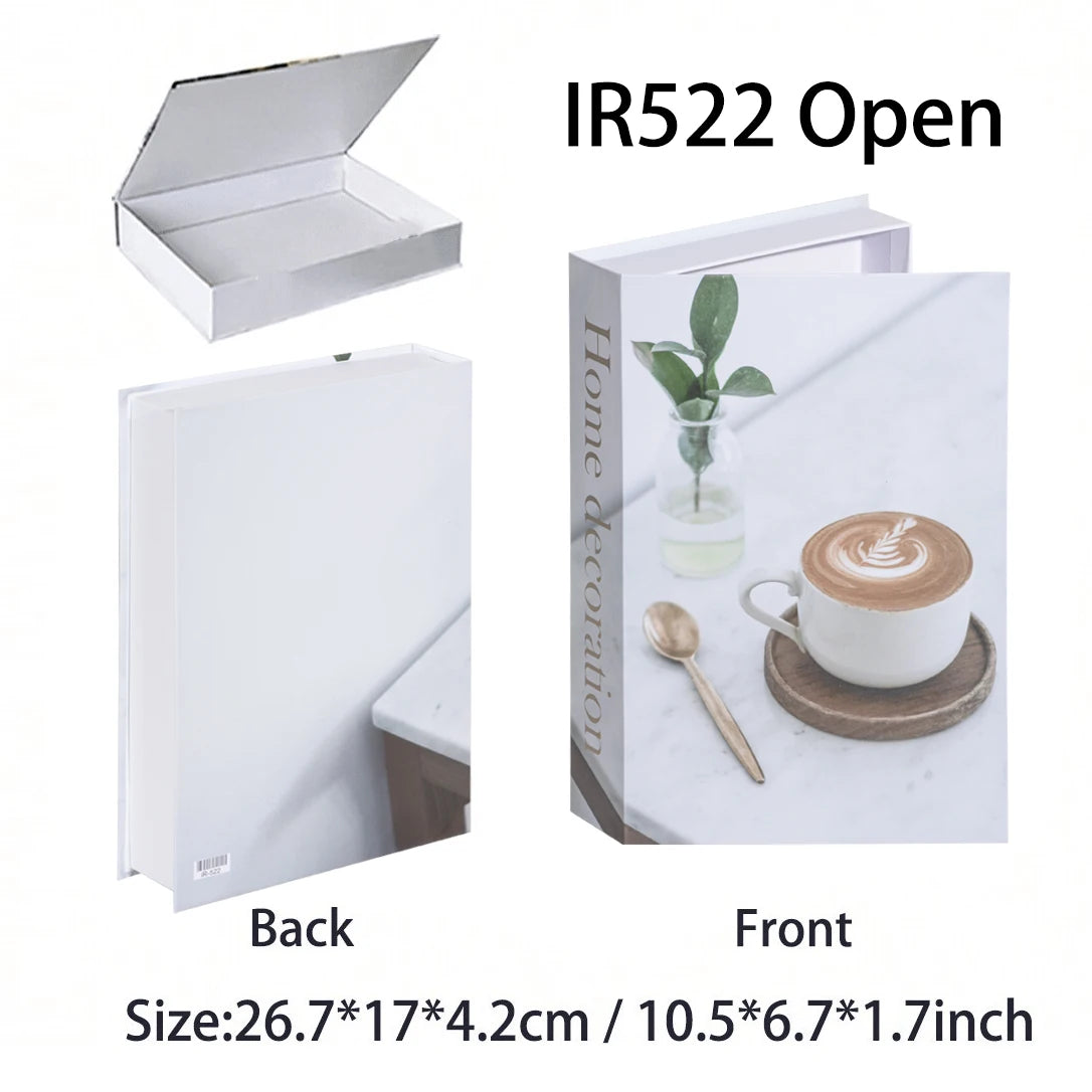 White box with a design of a cup of coffee and a plant on a white background.