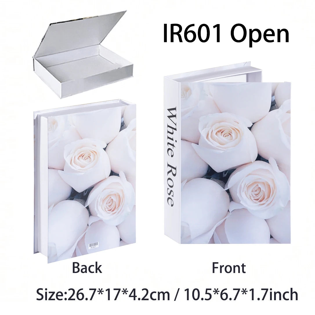 Two views of a book titled 'WHITE ROSE ' with interior design images on a white background.