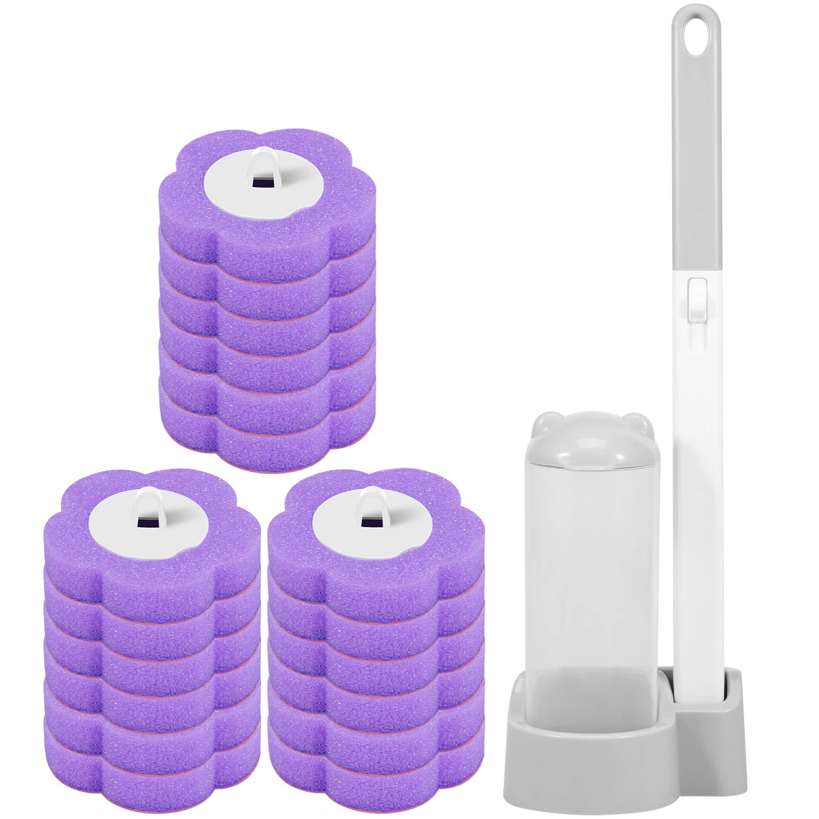 Purple foam rollers with white centers and a white cleaning tool on a white background