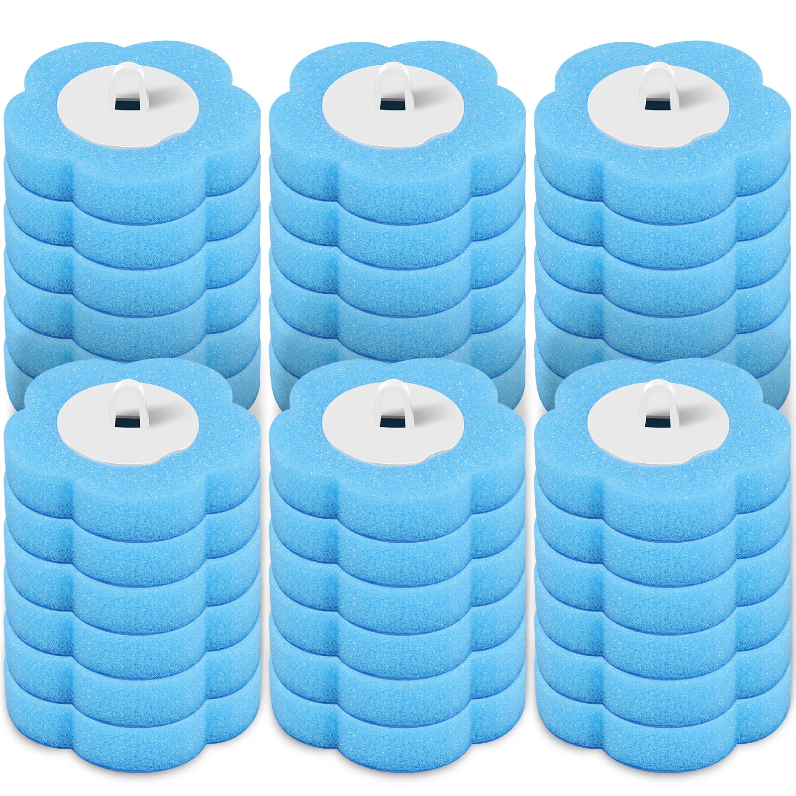 Multiple blue foam rollers with white ends on a white background