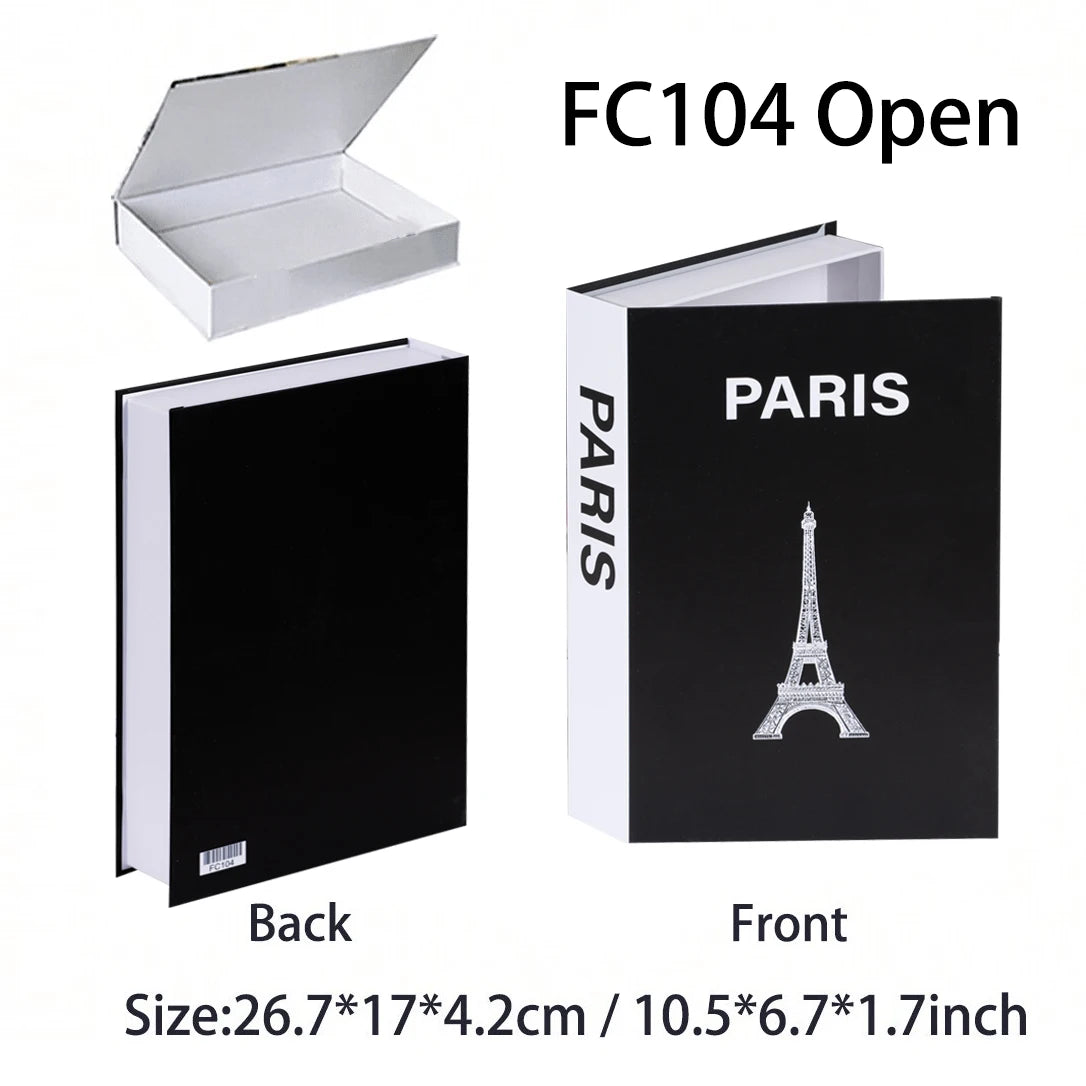 Black book with Eiffel Tower design and 'PARIS' text, open to reveal white interior, on a white background.