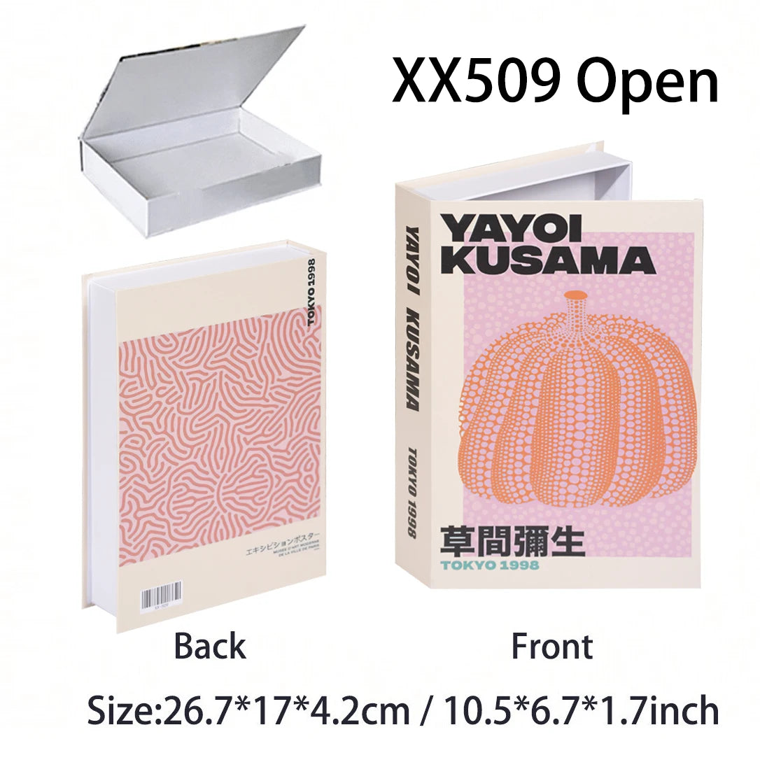 Yayoi Kusama book with front and back views, size information, and 'XX509 Open' text.