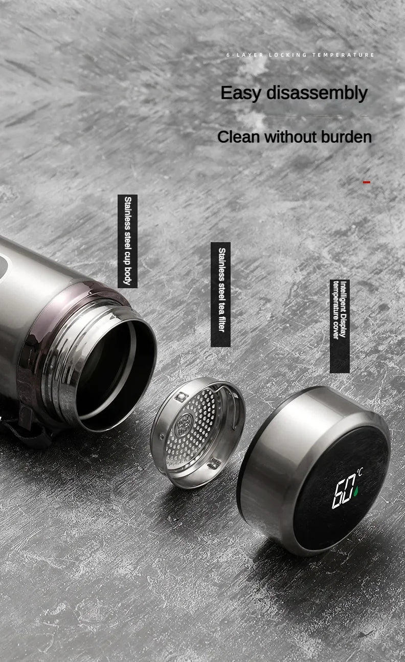 Thermos with disassembled parts on a gray surface, highlighting easy disassembly and cleaning features.