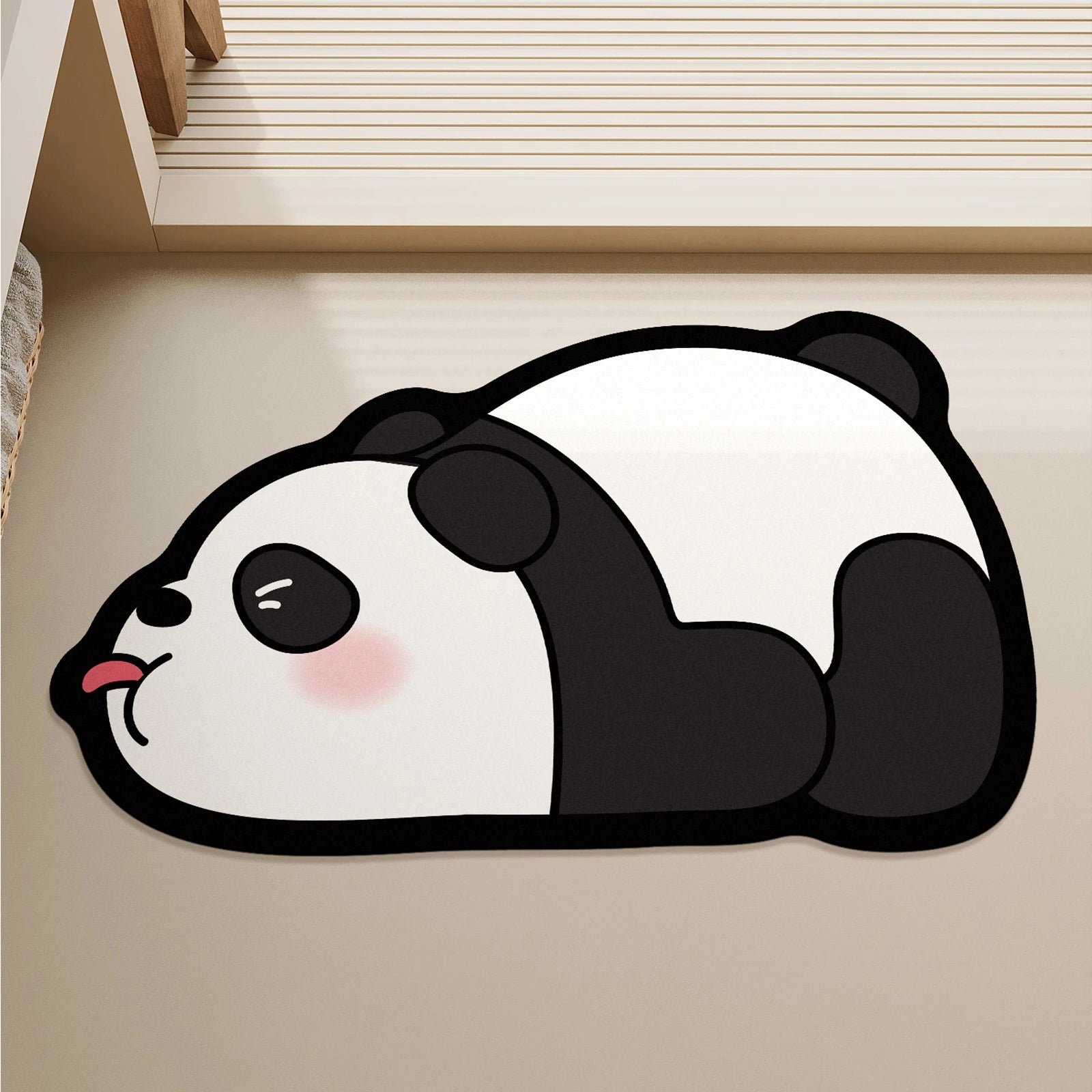 Panda-shaped rug on a beige floor