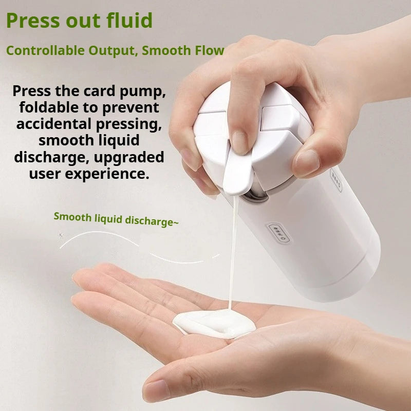 White card pump dispensing liquid onto a palm with text describing its features.