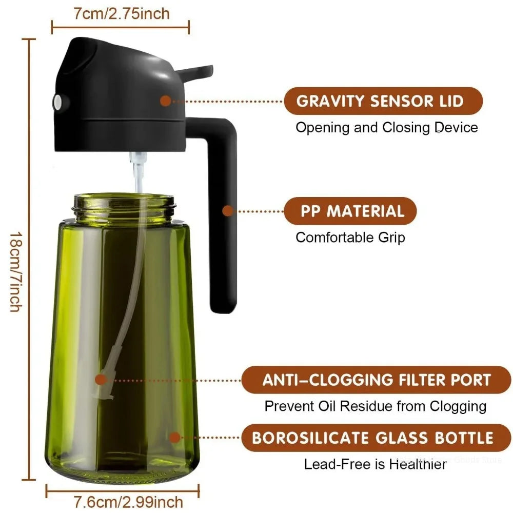 Green oil sprayer bottle with features highlighted on a white background