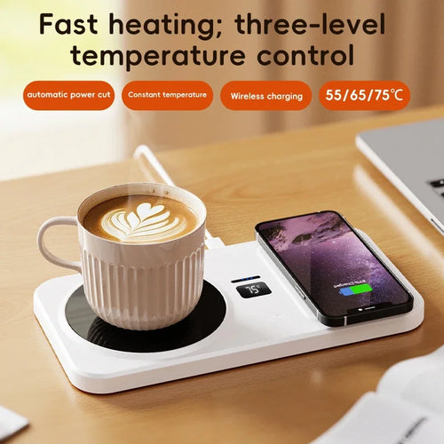 Desk with a coffee cup on a heating pad and a smartphone, featuring text about temperature control and features.