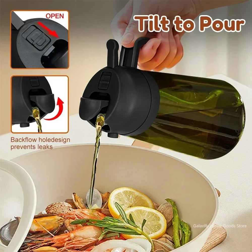 Black oil dispenser being used to pour oil over a dish of food with text 'Tilt to Pour' and 'Backflow hole design prevents leaks'.