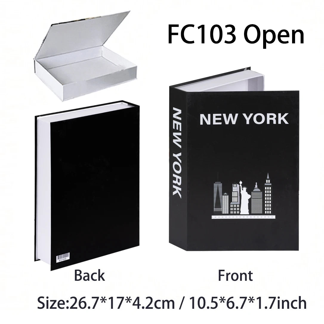 Black book with 'New York' text and skyline design, open to reveal a white interior.