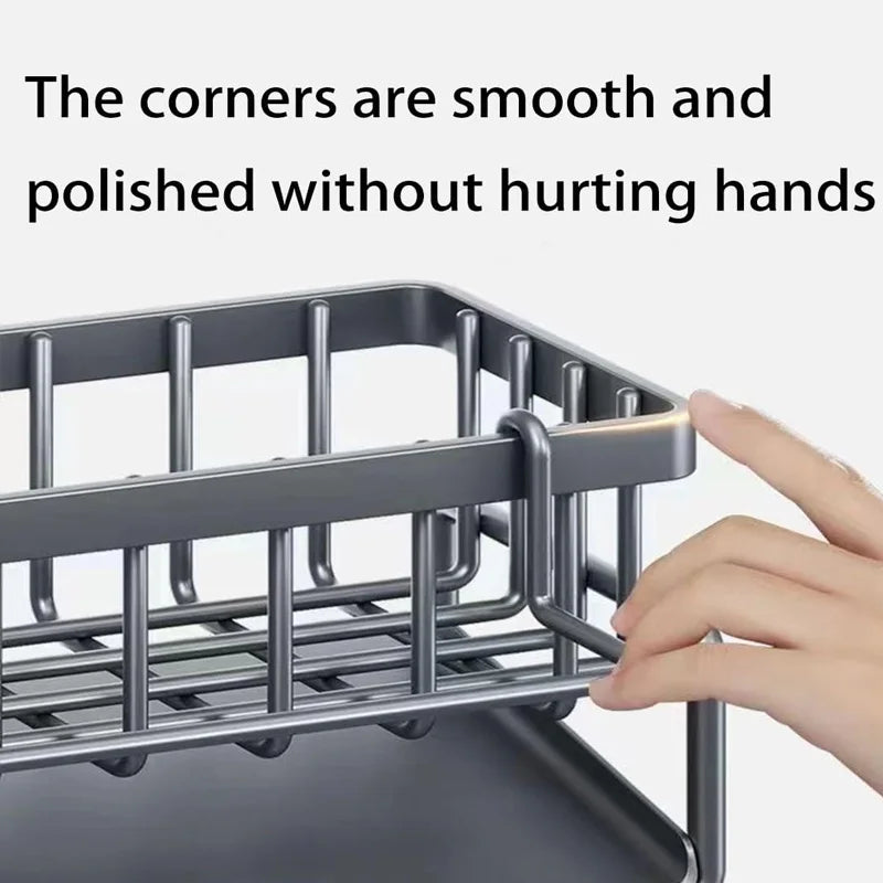 Metal dish rack with smooth corners being touched by a hand, text indicating safety feature.