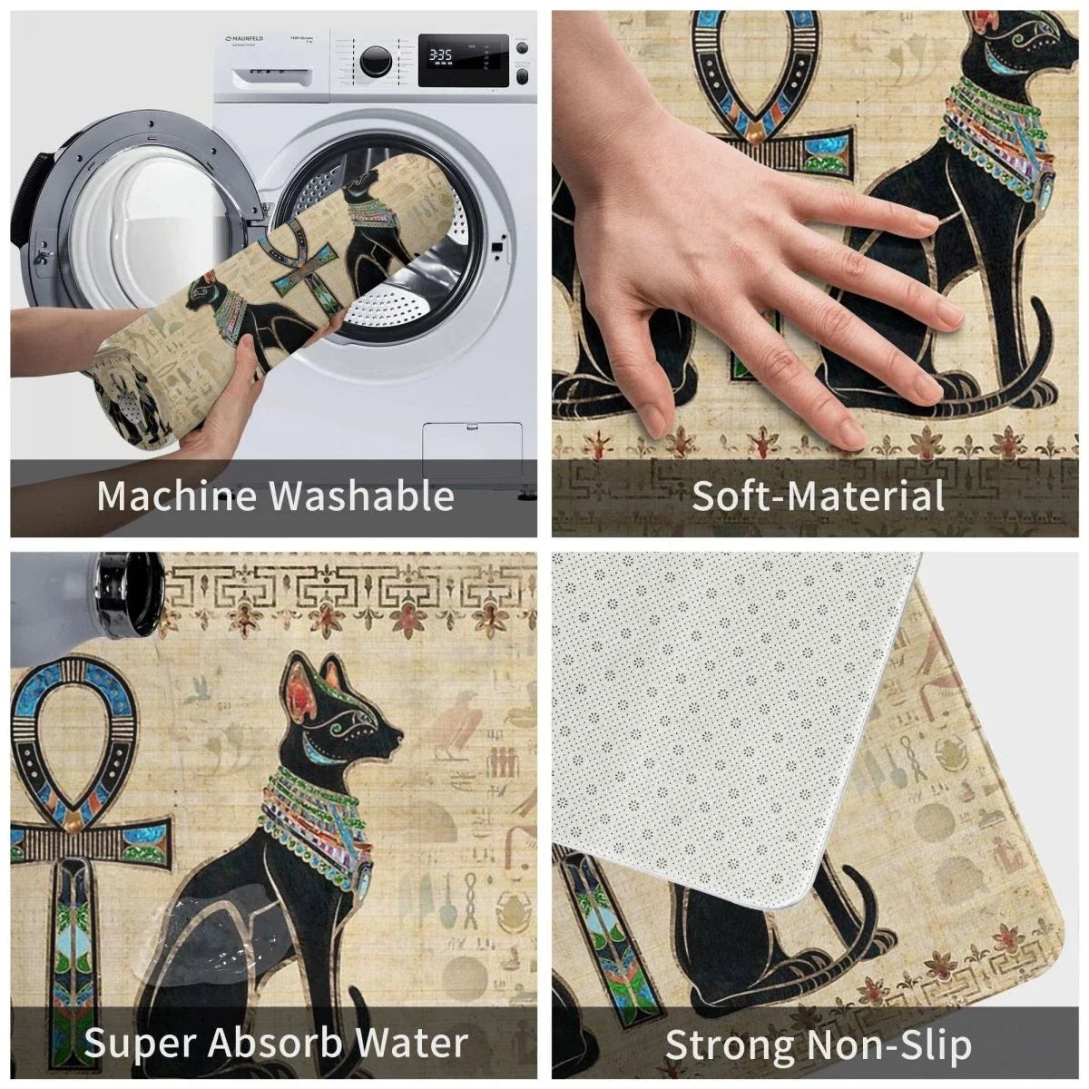 Collage of a washing machine, a hand touching a mat, an Egyptian-style cat design, and a close-up of the mat's texture.