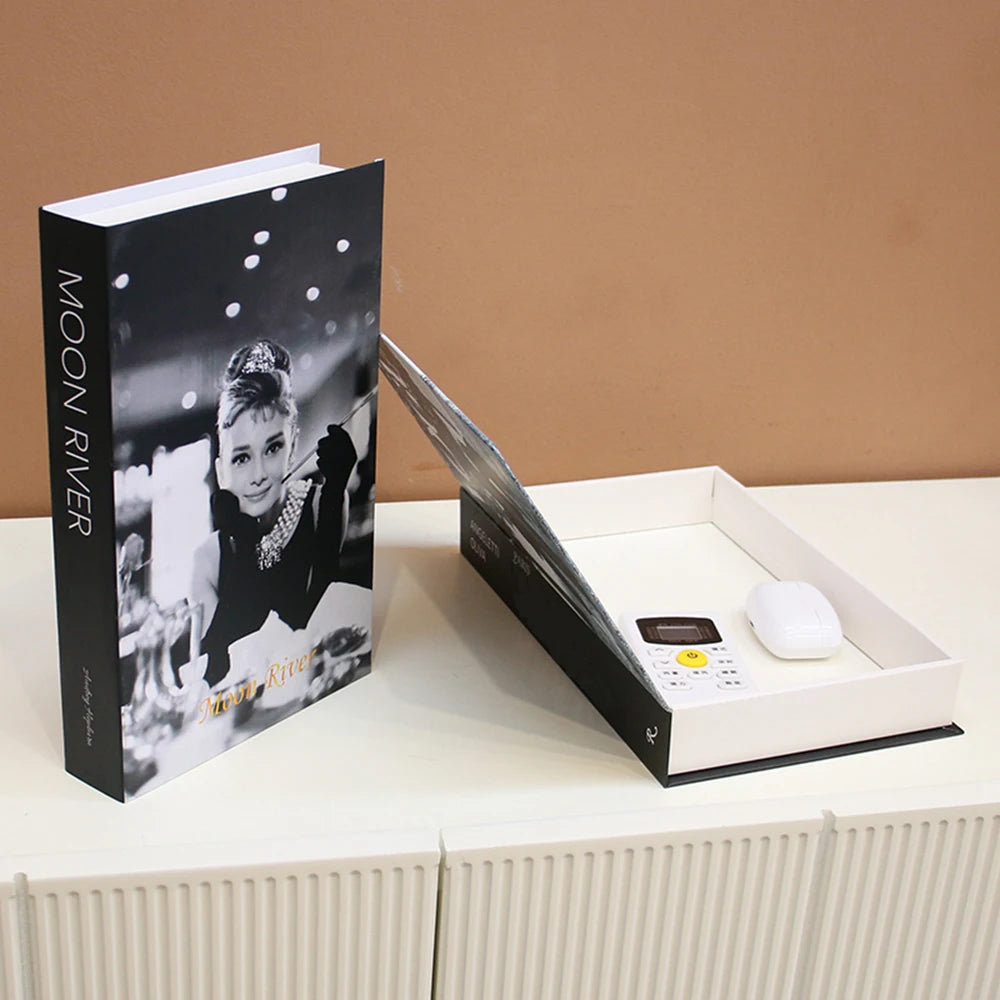 Book with a black and white photo of a woman on the cover, opened to reveal a product inside.