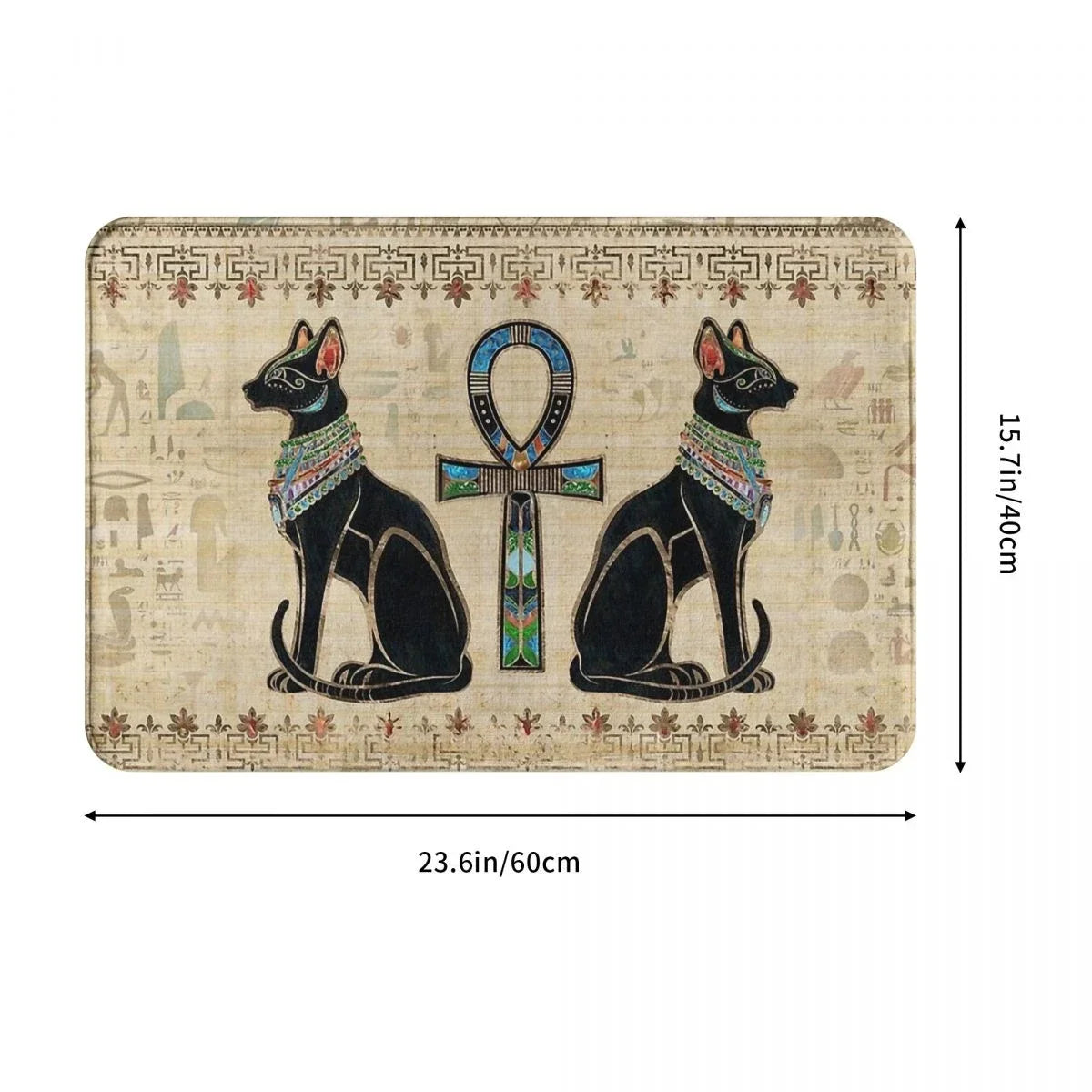 Decorative mat with Egyptian-themed design featuring two black cats and a symbol, with measurements indicated.