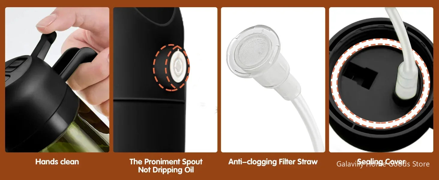 Collage of a black oil diffuser with features highlighted, including a hand holding it, a close-up of the spout, a filter straw, and a sealing cover.