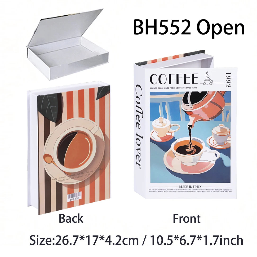 Open box with a coffee-themed notebook showing front and back designs.