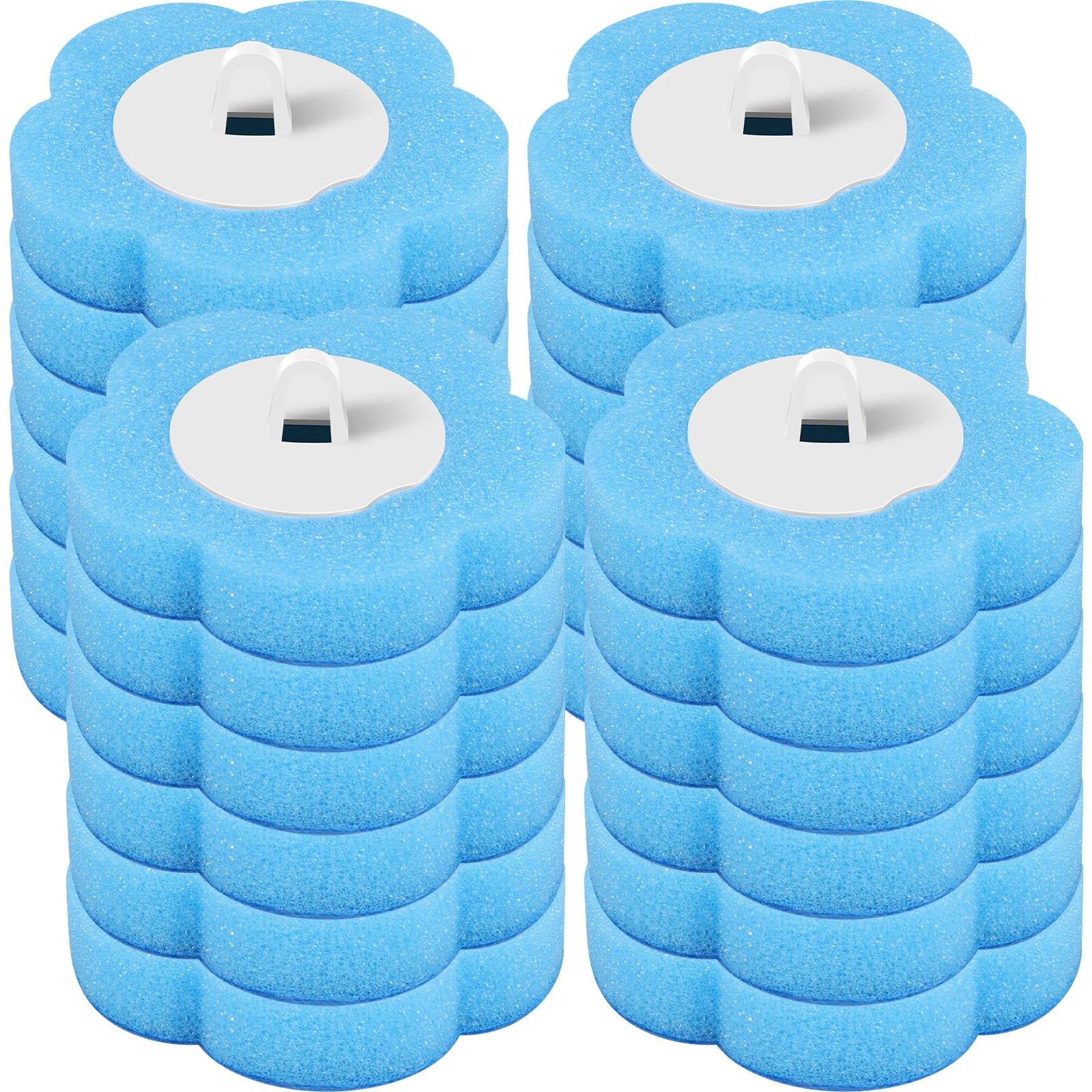 Multiple blue pool filter cartridges with white centers on a white background